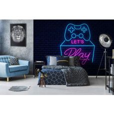 Fotobehang Let’s Play Gaming Neon in een tienerkamer met neon gamecontroller en speelse tekst in levendige kleuren.