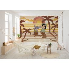 In de kinderkamer laat het fotobehang Lilo en Stitch zien tijdens een vrolijke hula-dans bij zonsondergang.