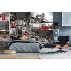 Een fotobehang van de Big Ben en Tower Bridge in een collage voor de slaapkamer.