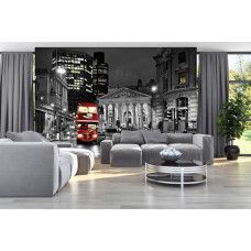 Een fotobehang met een iconische Londense bus in een stadsomgeving.