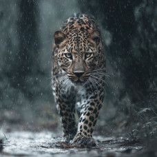 Fotobehang met een luipaard in tropisch regenwoud tijdens de regen.