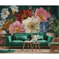 Fotobehang luxe bloemen in klassieke sfeer in woonkamer met barok bloemenboeket en warme tinten.