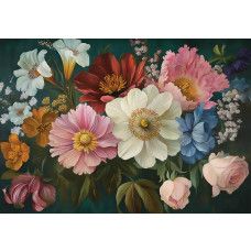 Fotobehang luxe bloemen in klassieke sfeer met kleurrijk bloemstuk op een donkergroene achtergrond.