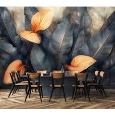 Fotobehang met artistieke botanische bladeren in een stijlvolle woonkamer.