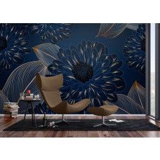 Een fotobehang met luxe chrysanten en gouden accenten in de woonkamer, waar het stijlvolle bloemenpatroon met goudtinten een chique en warme sfeer creëert.