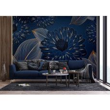 en fotobehang met luxe chrysanten en gouden accenten in een ruime woonkamer, waarbij de luxueuze bloemen en diepe kleurcontrasten een elegante en tijdloze uitstraling geven.