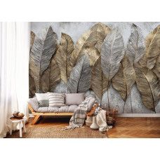Fotobehang luxe gouden en zilveren bladeren in een woonkamer met elegante metallic accenten.