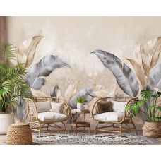 Fotobehang met elegant vormgegeven junglebladeren in een professioneel ingericht kantoor.