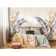 Fotobehang met tropische bladeren in een chique en luxe stijl aan de muur van een slaapkamer.