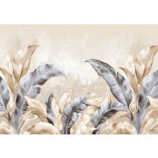 Fotobehang met luxe uitgewerkte junglebladeren in diepe groentinten en goudaccenten.