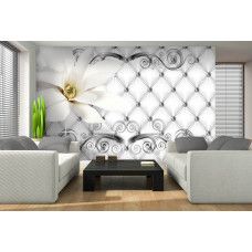 Een fotobehang van een luxe zilveren bloemenpatroon in abstract kunstdesign voor de woonkamer.