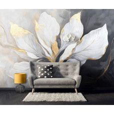 Fotobehang met luxe witte bloemen en gouden accenten in een stijlvolle woonkamer.