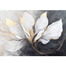 Fotobehang met luxe witte bloemen en gouden accenten op een donkere achtergrond.