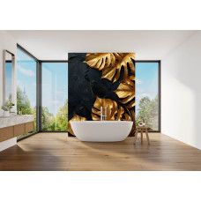 Fotobehang met chique gouden bladmotief op donkere textuur in de badkamer.