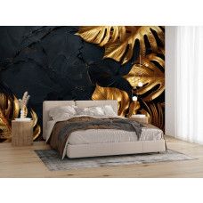 Fotobehang met stijlvolle gouden bladeren en diepe textuur in de slaapkamer.