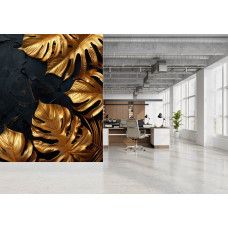 Fotobehang met gouden bladeren op donkere textuur in een kantoorruimte.