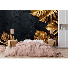 Fotobehang met goudkleurige botanische bladeren op donkere achtergrond in de slaapkamer.
