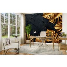 Fotobehang met luxe botanisch bladmotief en donkere achtergrond in het kantoor.