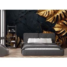 Fotobehang met luxueuze gouden bladeren op donkere textuur in de slaapkamer.