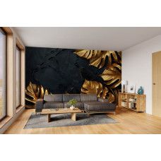 Fotobehang met goudkleurige bladeren en diepe donkere achtergrond in de woonkamer.