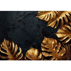 Fotobehang met elegante gouden bladeren en op een donkere structuur achtergrond.