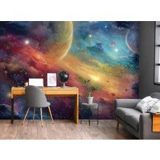 Fotobehang magische kosmos kleurenpracht in een kinderkamer, met intense kleuren en sterren voor een epische setting.