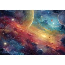 Fotobehang kosmos met planeten, kleurrijke nevels en fonkelende sterren in galactisch panorama.