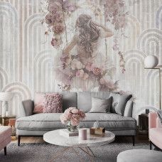 Fotobehang dromerig meisje op schommel met bloemen in een woonkamer, vintage boogpatronen.