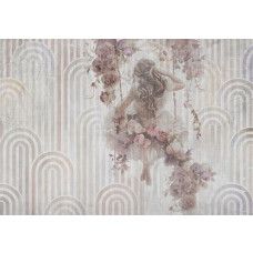 Fotobehang meisje op schommel met rozen en vintage boogpatroon in zachte tinten.