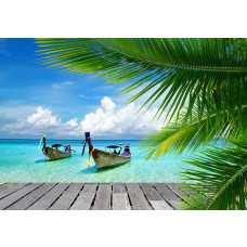 Fotobehang met tropische strandpalmen in groen.