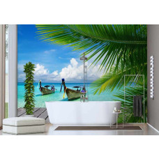 Fotobehang met tropische strandpalmen in groen.