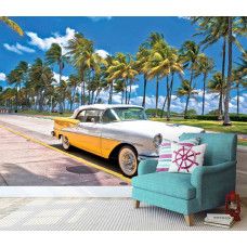 Fotobehang Miami Vibes in een hal met zonnige straat en klassieke cabrio.