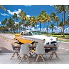 Fotobehang Miami Vibes in de keuken toont zonnige sfeer met palmbomen en auto.