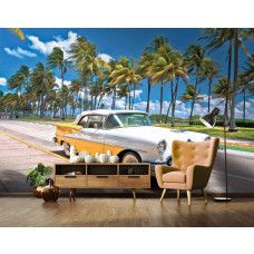 Fotobehang Miami Vibes in de woonkamer met vintage auto en strakblauwe lucht.