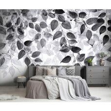 Fotobehang minimalistische bladeren in een slaapkamer met elegante grijstinten.