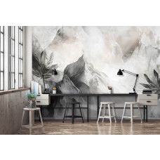 Fotobehang met tropisch gebladerte en bergsilhouetten in de mist in een modern kantoor.