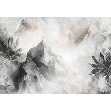 Fotobehang met een mistig berglandschap op de achtergrond en tropische bladeren op de voorgrond.