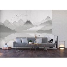 Een fotobehang van mistige bergen bij een meer in een woonkamer met Airtex-behang.