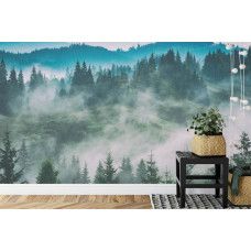 Een fotobehang met een mistig boslandschap dat een droomachtige sfeer creėert, perfect voor een kantoor.