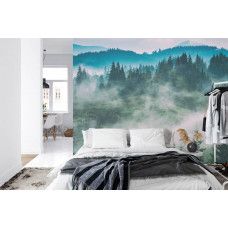 Een fotobehang met een serene mistige bosomgeving, ideaal voor een slaapkamer.