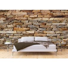 Een modern fotobehang met een stenen muur in grijze tinten, dat een industriėle en eigentijdse sfeer creėert in een slaapkamer.