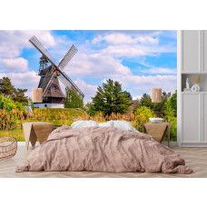 Fotobehang Molen in de Lente in een slaapkamer met zachte voorjaarskleuren.