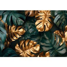 Fotobehang met monstera bladeren in donkergroen en goudkleurige accenten met een luxe botanische uitstraling.