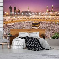 Een fotobehang van moslimpelgrims tijdens de Tawaaf in een slaapkamer.