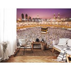 Een fotobehang van moslimpelgrims rond de Kaäba in een spirituele sfeer.