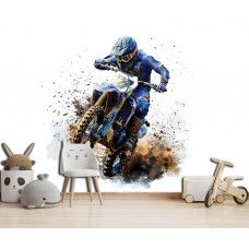 In de jongenskamer een blauwe motorcrosser op witte achtergrond met modderige details.