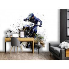 Fotobehang motorcross in een kantoor met modderspetters en actievolle sprong.