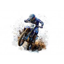 Motorcrosser in blauwe outfit rijdt vol vaart door modder in illustratieve stijl.