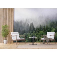 Een fotobehang van een mysterieus mistig bergbos met Airtex-behang in een woonkamer.