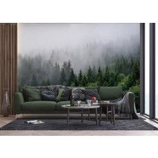 Een fotobehang van een mysterieus mistig bergbos in een woonkamer.